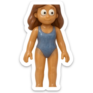 Ensure the entire beach girl character is fully visible from head to toe (no cropping). The style is full-body, retro 90's toy, very transparent and slightly see-through, natural tan skin, brown hair, blue swimsuit, derpy eyes (large white eyeballs with small black pupils looking in different directions), soft plastic texture, soft reflections, soft and squishy, some cloudiness, not shiny, highly detailed, appealing, no tag, no background. sticker