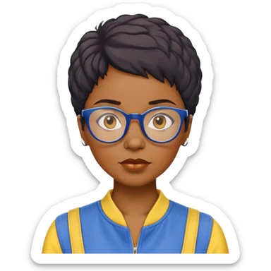 stern Black woman with short textured hair, glasses, wearing blue and yellow jumpsuit, front-facing sticker