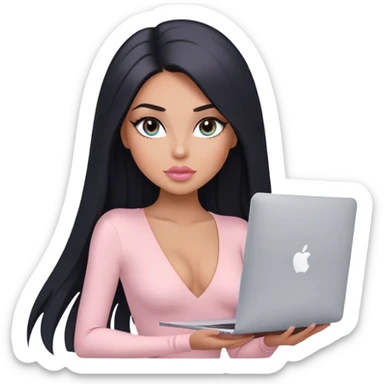 Glamours, tanned, very beautiful girl, with big pump peach-beige-rose lips, long lashes, black straight smooth silky long hair, straight parting hair, blue-grey eyes, in light-pink bodysuit holding MacBook sticker
