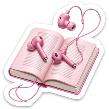  pink Pink Apple-style earbuds lying on an open book, soft pastel tones, cozy and minimal aesthetic, realistic lighting and shadows, top-down view, transparent background" sticker