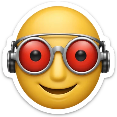 Yellow smiley face head with sunglasses, but the right eye is a red robot eye sticker