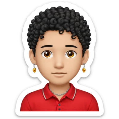 teen boy, indian, black curly hair, undercut hairstyle, silver earring in one ear, red polo shirt, silver chain sticker