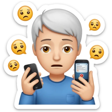 Same emoji avatar, overwhelmed expression, tired eyes, slightly stressed face, holding a smartphone with notifications piling up sticker