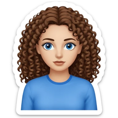 Woman with long curly brown hair, blue eyes, black eyelashes and dark brown eyebrows wearing blue long sleeved shirt  sticker