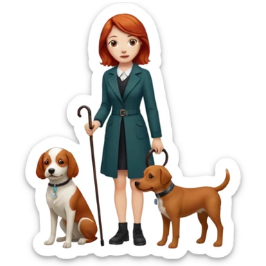 Red headed woman with a cane and a dog sticker