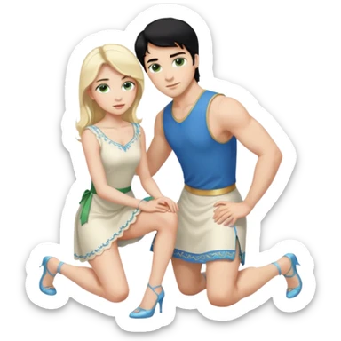 prince, upright, black Hair, blue eyes, Woman, blonde Hair, Green eyes, bending knee, sleveless White Dress, sticker