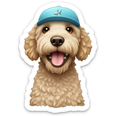 Labradoodle with a shark hat sticker