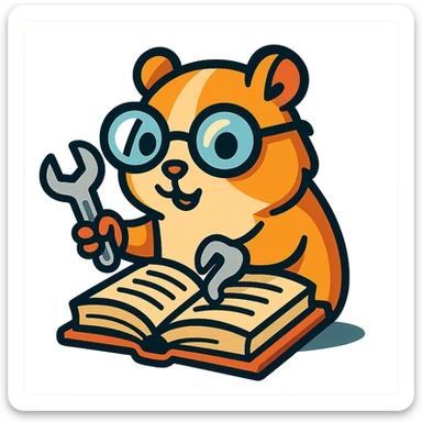studious guinea pig with glasses, holding a wrench and fixing a book, vibrant toon style sticker