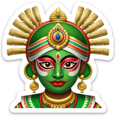 Kathakali dancer with elaborate headgear, green face paint, traditional costume sticker