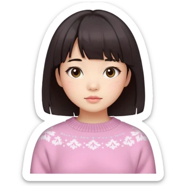 a asian japanese girl with a dark brown bob with curtain bangs, wearing a pastel pink wintery sweater sticker