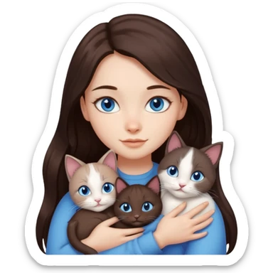 a pretty girl with long dark 
brown hair, with blue eyes, hugs 3 different natural coloured small cats sticker