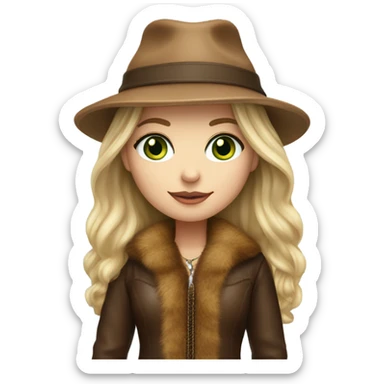 Realistic White girl with Long straight blonde hair, green eyes, tattoos, full body wearing Brown fur coat and fur hat and Brown leather boots sticker