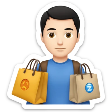 a white man with black hair carrying branded bags sticker