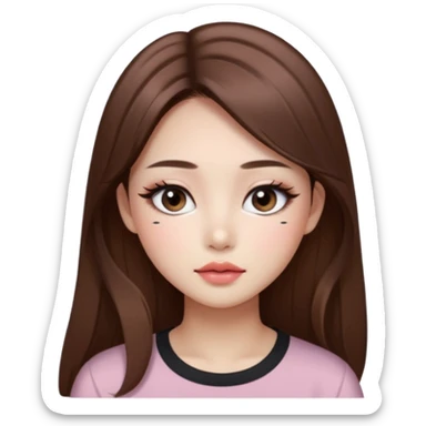 “korean straight long brown hair Emoji girl, soft eyeliner and blush, gradient lips, light brown shimmer eyeshadow sticker