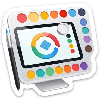 digital screen showing a basic logo being edited, with vector handles and a color palette sticker