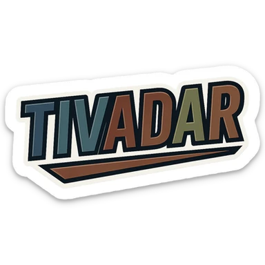 Tivadar name in masculine, modern, gradient font with precise Hungarian characters, dark outline, extra thick, prominent white border as in reference images, dynamic slanted underline, masculine color shades (blue, gray, burgundy, green, brown), 1000x1000 px, PNG, transparent background sticker