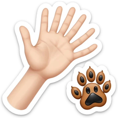 there is a drawing of a human hand gently reaching toward a dog’s paw. The dog has brown fur with black areas, and the paw is extended like it’s about to touch the person’s fingers sticker