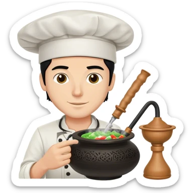A white guy with black hair packing a hookah bowl with a chef hats  sticker