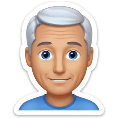 Middle aged man with tanned skin, receding dark grey hair and no beard, blue eyes, shy smile sticker