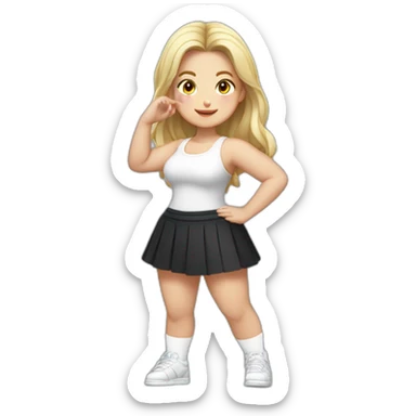 Front view full body curvy caucasian beauty squats straight hands up black skirt white knickers white socks sticker