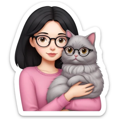 Beautiful skinny woman medium black hair with oval glasses in pink outfit hug persian-angora grey cat sticker