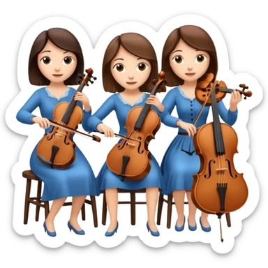 Create an imagine of three brunette women playing string instruments, the first is playing a cello, the second is playing a viola and the third is playing the violin sticker