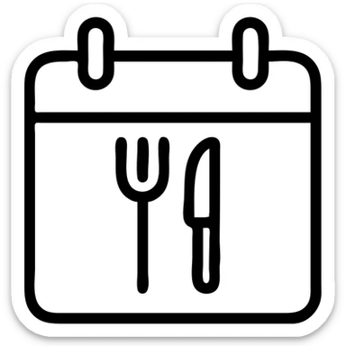 minimalistic bold black-and-white icon, square, flat, no gradients, calendar with a fork and knife parallel inside, clean geometric lines, modern, inspired by Netflix and Lifesum, vector style, suitable for dark and light mode sticker
