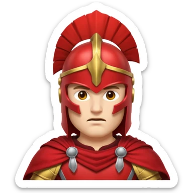 Emoji portrait of a Spartan warrior. Crested helmet, red cloak, determined expression. sticker