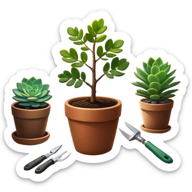 Close-up of a potted sapling in rich soil surrounded by vibrant plants and succulents. Bright sunlight filters through the window, casting soft shadows. Nearby gardening tools rest on a wooden table. Cozy indoor atmosphere with greenery and flowers. sticker