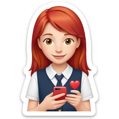 smiling girl in school uniform with red hair phone and like hearts sticker
