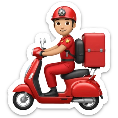 A man in red uniform on a red scooter with space in the back for cargo sticker