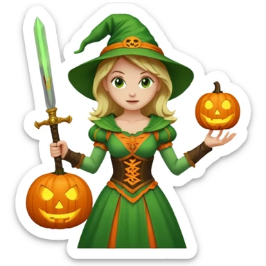 Woman Hunter With Jack o Lantern, wearing green costume, with sword sticker