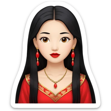 30 yr old asian woman, center part straight long black hair, very pretty, fancy dress, earings, red lipstick sticker