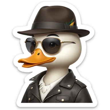 Cute white anthropomorphic duck gangster in black fedora hat, large sunglasses, orange beak, leather jacket. Glossy 3D cartoon emoji style, vibrant, detailed feathers/textures, side profile pose, transparent PNG background, ultra-detailed 8k, no text.
 sticker