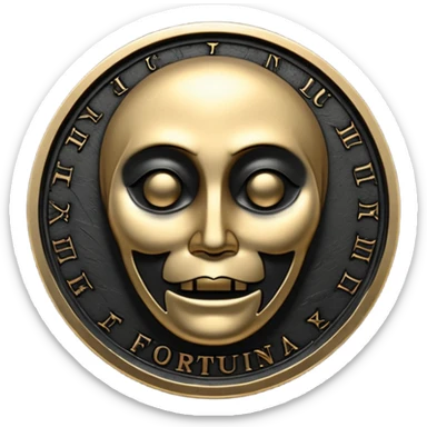 Emoji style, luxury gothic coin made of blackened metal, “FORTUNA” engraved in refined fashion typography, heavy sculptural form, subtle worn metal texture, avant-garde editorial aesthetic, no glow, no neon, flat emoji design, centered, transparent background sticker