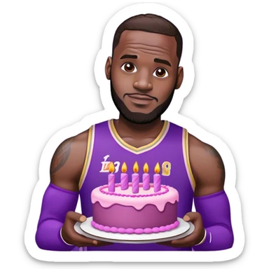 Lebron James wearing his purple jersey holding a pink pretty birthday cake sticker