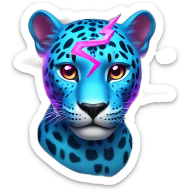 a blue jaguar with a magenta lightning bolt by its eyes on the left or right side of them. sticker