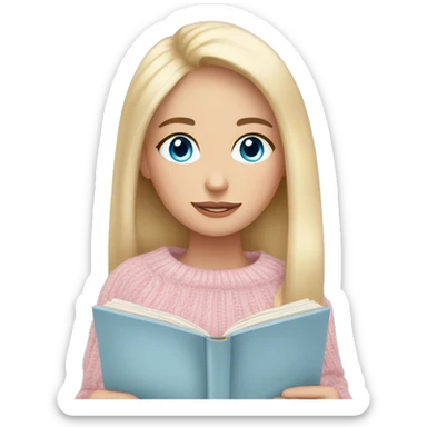 Pretty blue eyed white girl with light pink sweater reading cozy sticker