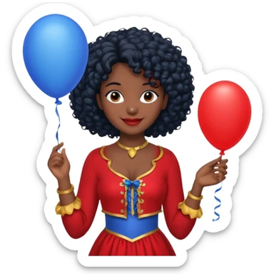 woman with curly black hair and dark face red costume, holding blue balloon sticker