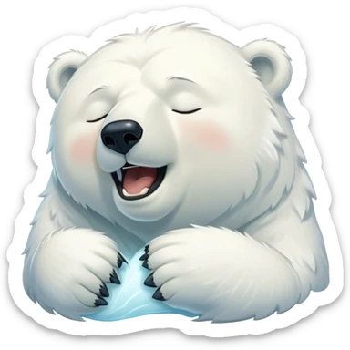 Cinematic Cute Yawning Polar Bear Portrait Emoji, Head tilted slightly with a dramatic, wide-open yawn, showcasing luxuriously thick fur and sleepy, half-closed eyes radiating drowsy contentment, Simplified yet irresistibly adorable features, highly detailed, glowing with a soft, cozy polar light, high shine, relaxed yet expressive, stylized with a dash of whimsical arctic charm, soft glowing outline, capturing the essence of a drowsy yet affectionate guardian that seems ready to stretch out for a nap! sticker