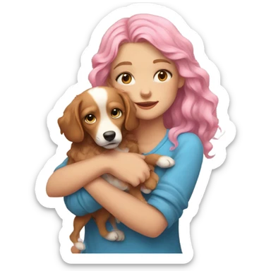 Please create a girl who hugs her pet doggie. The girl has a cute face and so does the doggie. The girl has light skin, blue eyes and pink wavy long hair. sticker