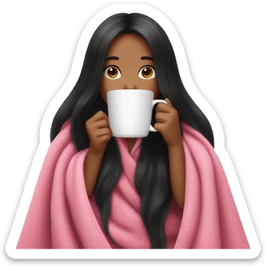 very long black hair pretty girl in a pink blanket sipping coffee sticker