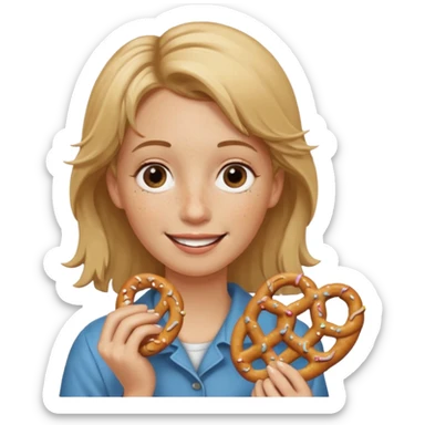 Short, center part, Dirty blond hair, fair skin with freckles,  holding pretzels and closing one eye sticker