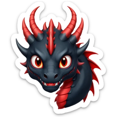 Un dragon noir aux yeux rouges brillant, puis des grandes cornes d'obsidiennes, style anime sticker