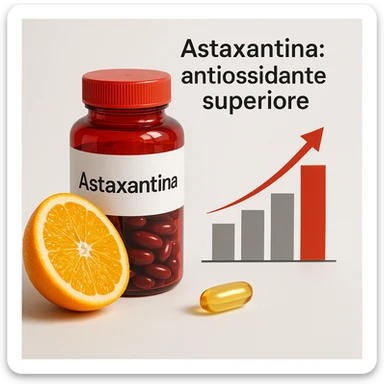 hyper realistic style scientific atmosphere white background, red bottle labeled 'Astaxantina', slice of orange, golden capsule, bar chart showing superiority, Italian text 'Astaxantina: antiossidante superiore' sticker