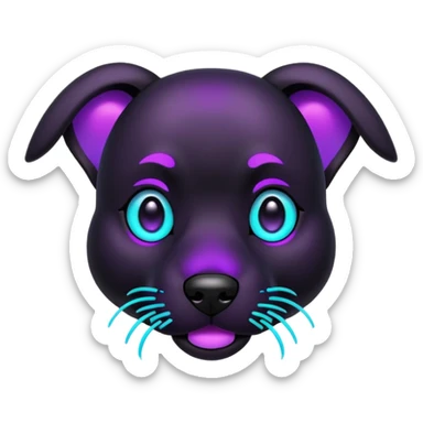 futuristic glowing black dog emoji, neon cyan eyes, purple #8B5CF6 highlights, tech minimal style, dark background sticker