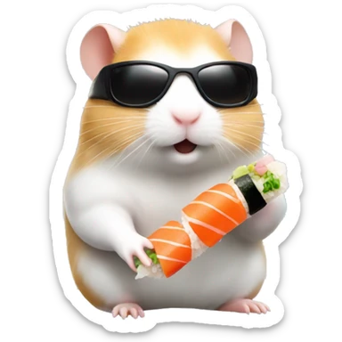 Hamster eats sushi and wearing sunglasses near the ocean sticker