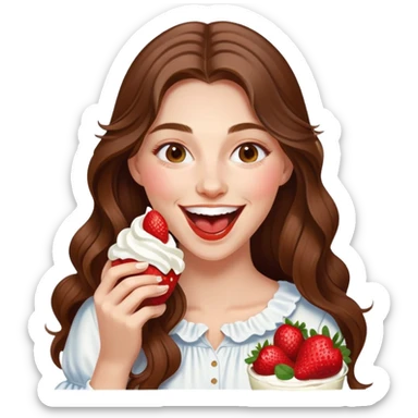 Young woman with long brown hair eating strawberries whipped cream, laughing elegant  sticker