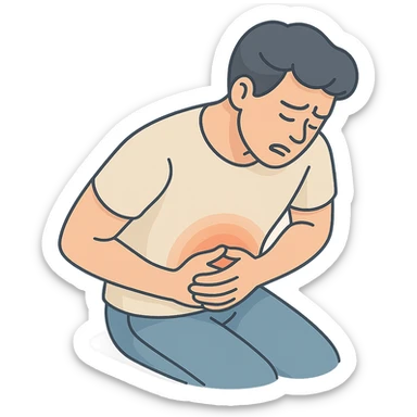 detailed 2D isometric illustration of a person (patient) with stomach pain, waist up, close-up, holding stomach with both hands, curled up in pain, soft rounded shapes, shadows and highlights, clean contours, pastel palette, modern illustration, transparent background sticker