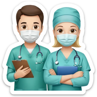 Doctor with surgical mask and scrubs next to another doctor with clipboard sticker